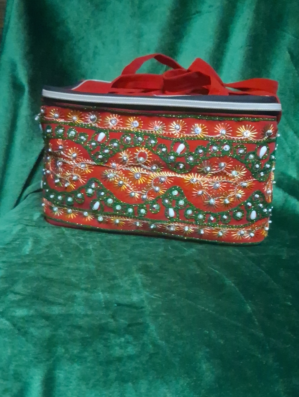 Embellished Red Women's Handbag with Green Bead Accents